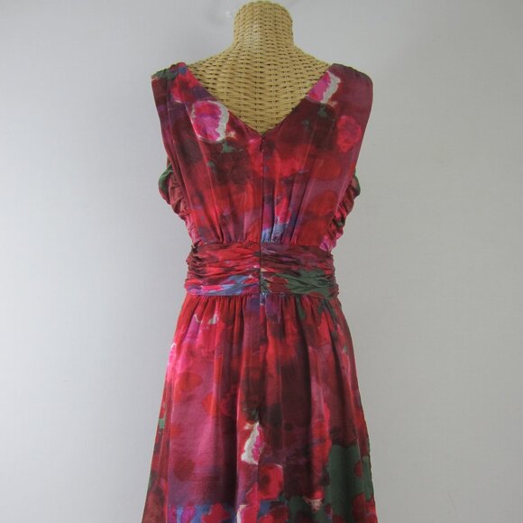 Banana Republic Womens 6 Red Green Blue Floral Empire Waist Silk Dress Small - Picture 3 of 12